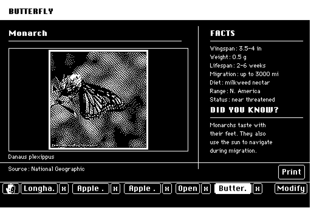 A page about the Monarch butterfly with a facts column, a Did You Know note, and a dithered photo