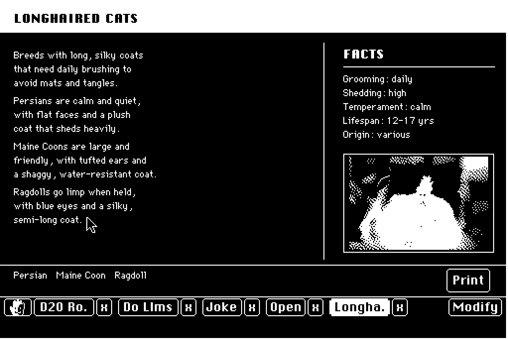 A page about longhaired cats with a facts column and a dithered cat photo, in dark mode