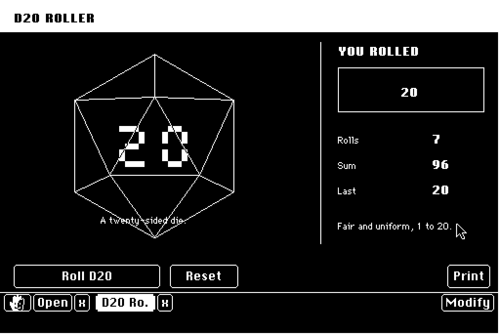 A d20 roller that draws a twenty-sided die as an icosahedron with a big 20 on its face, beside a live tally of rolls and sum