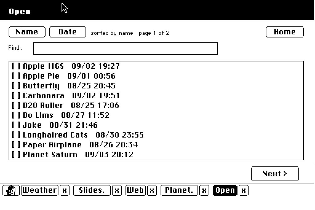 An Open screen listing saved apps with Name and Date sort buttons and a Find field