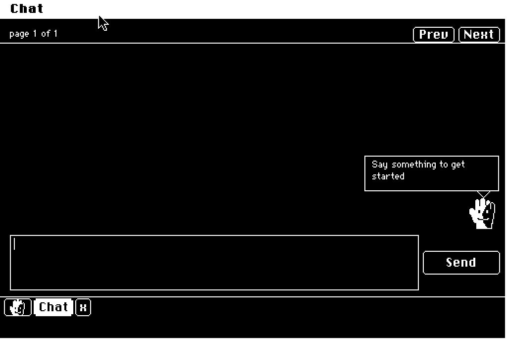 A HandWare chat window with Palmer's mascot in the corner and a speech balloon reading Say something to get started
