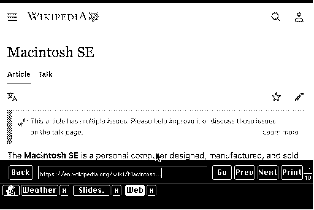 The HandWare browser showing Wikipedia's Macintosh SE article, with Back, URL field, Go, Prev, Next and Print