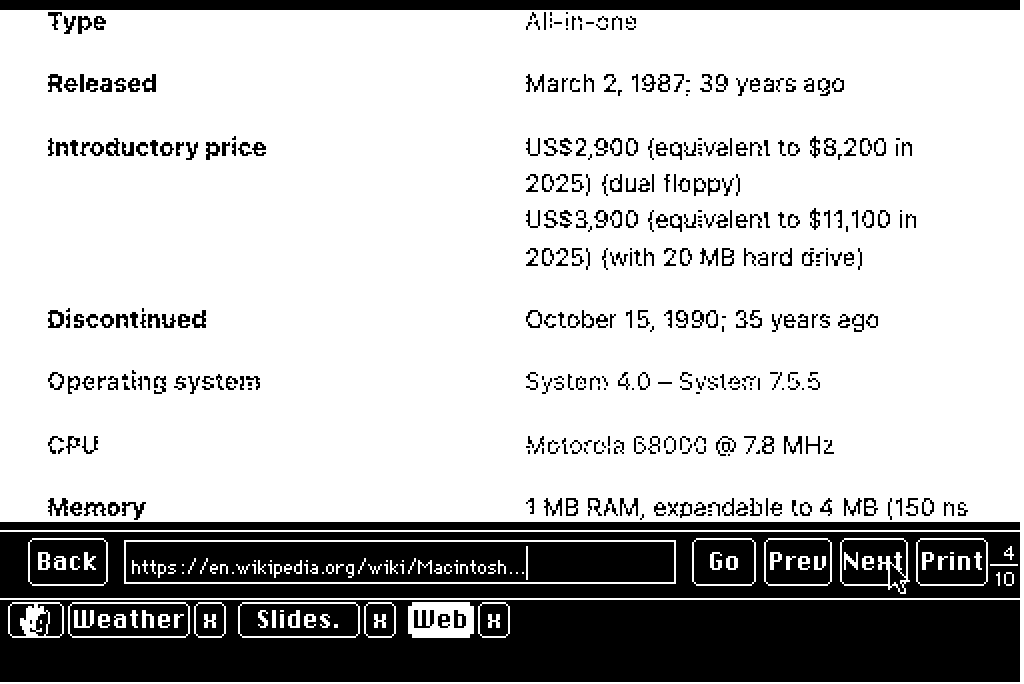 The browser showing the SE spec box: released March 1987, CPU Motorola 68000 at 7.8 MHz, 1 MB RAM